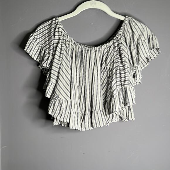 Angie Blue and White Striped Ruffled Off Shoulder Crop Top Size Small - Picture 5 of 8